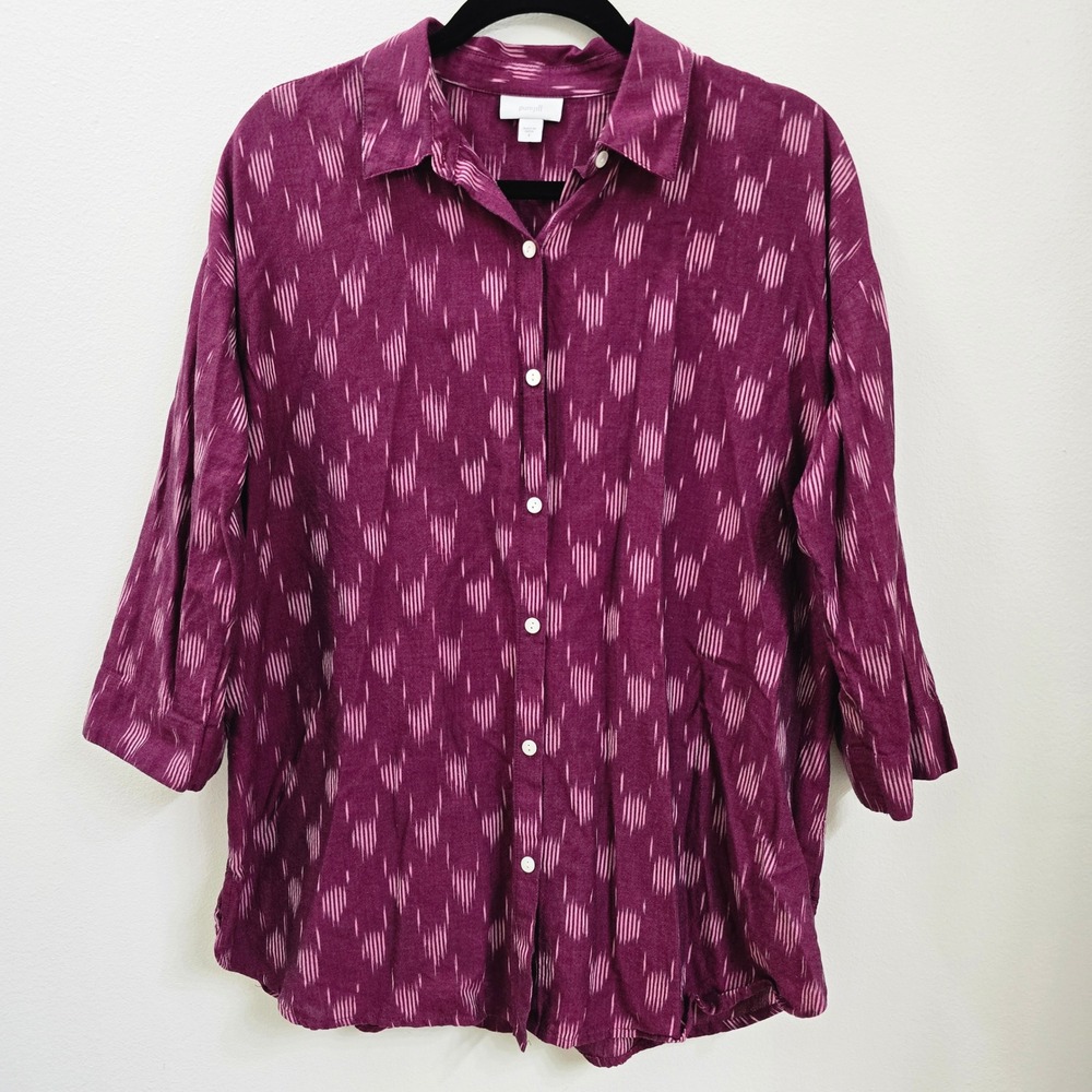 Pure Jill J. Jill Womens Plum Purple Ikat Print 100% Cotton 3/4 Sleeve Shirt S